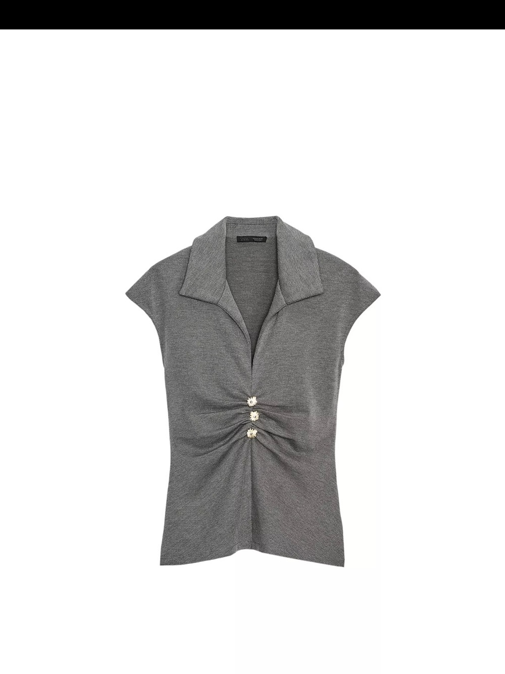 Zara Gray Cap-Sleeve Notched Collar Top with Decorative Buttons
